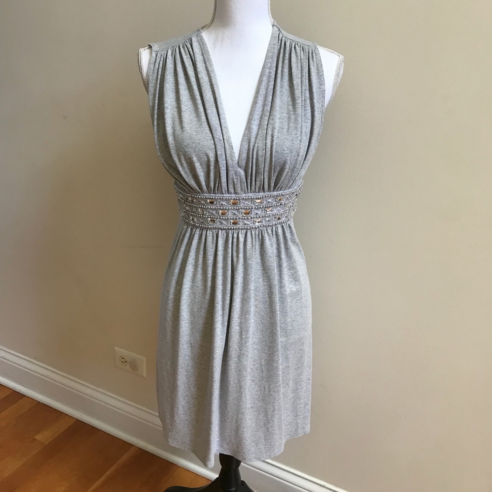 WHBM Gray Sleeveless Dress with “Jeweled Belt” Waistline